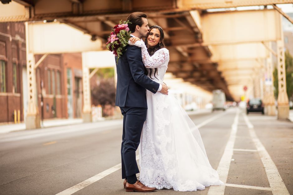 Wedding couple portrait in the city